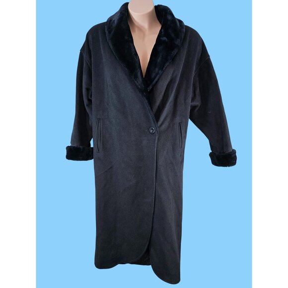 Braetan Size XL Black Wool Blend Long coat with Faux Fur Trim Made in U.S.A - Picture 1 of 8